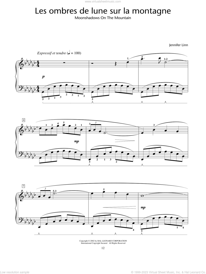 Les ombres de lune sur la montagne (Moonshadows On The Mountain) sheet music for piano solo (elementary) by Jennifer Linn, beginner piano (elementary)