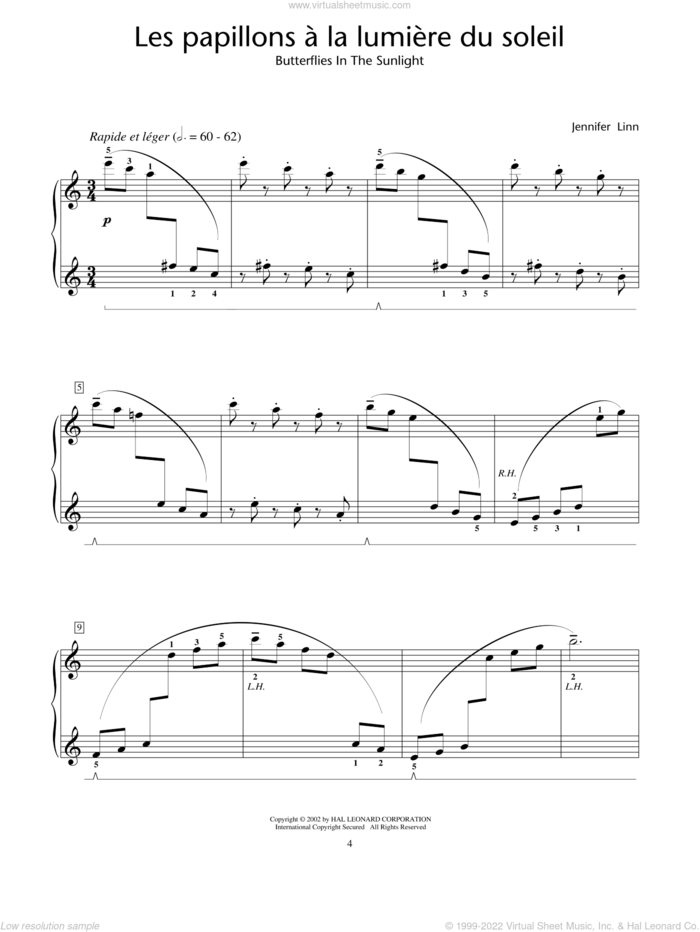 Les papillons a la lumiere du soleil (Butterflies In The Sunlight) sheet music for piano solo (elementary) by Jennifer Linn, beginner piano (elementary)