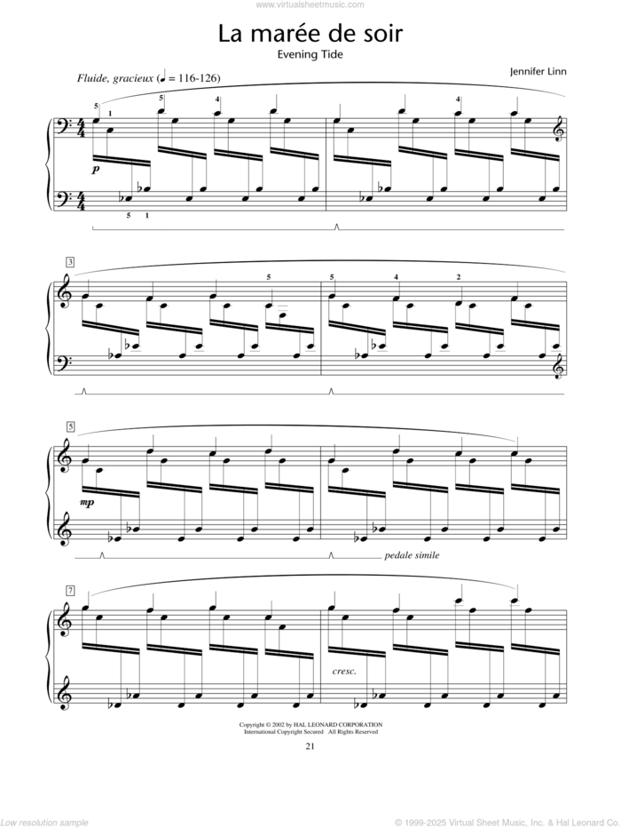 La maree de soir (Evening Tide) sheet music for piano solo (elementary) by Jennifer Linn, beginner piano (elementary)