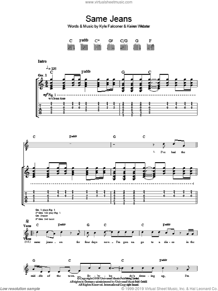 Same Jeans sheet music for guitar (tablature) by The View, Keiren Webster and Kyle Falconer, intermediate skill level