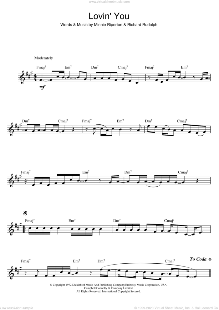 Lovin' You sheet music for saxophone solo by Minnie Riperton and Richard Rudolph, intermediate skill level
