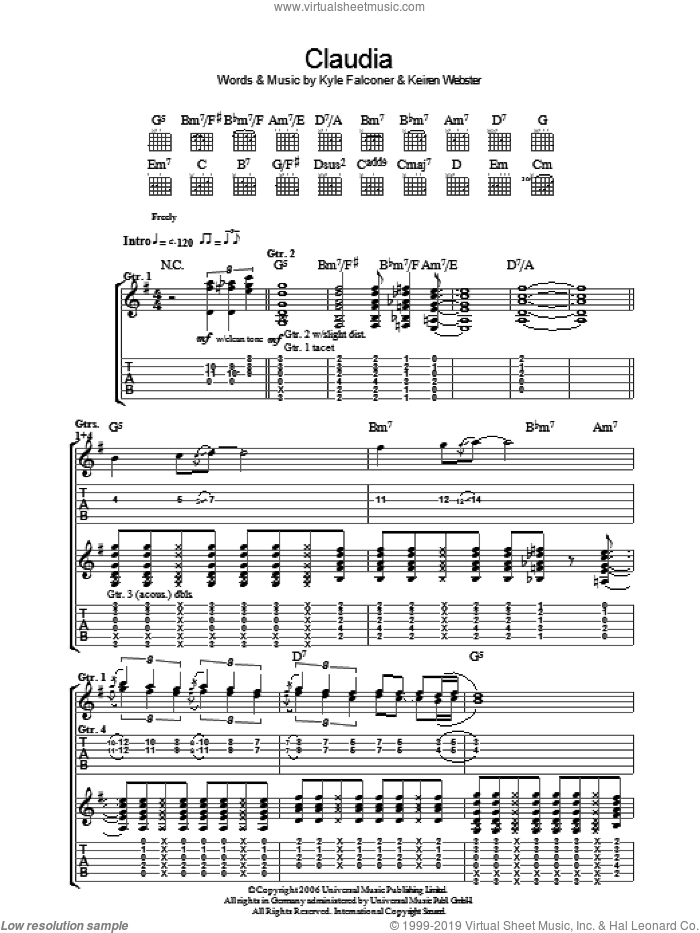 Claudia sheet music for guitar (tablature) by The View, Keiren Webster and Kyle Falconer, intermediate skill level