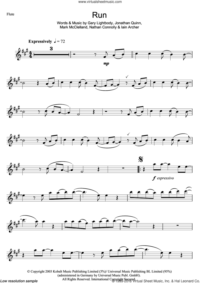 Run sheet music for flute solo by Leona Lewis, Gary Lightbody, Iain Archer, Jonathan Quinn, Mark McClelland and Nathan Connolly, intermediate skill level