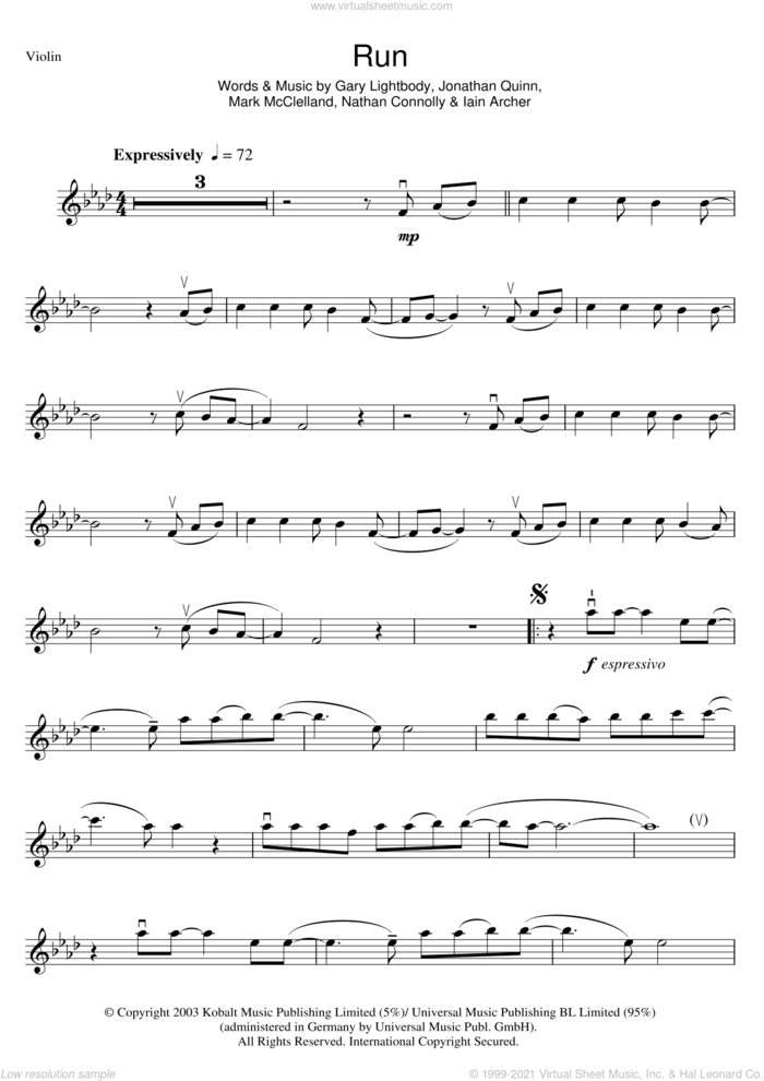 Run sheet music for violin solo by Leona Lewis, Gary Lightbody, Iain Archer, Jonathan Quinn, Mark McClelland and Nathan Connolly, intermediate skill level