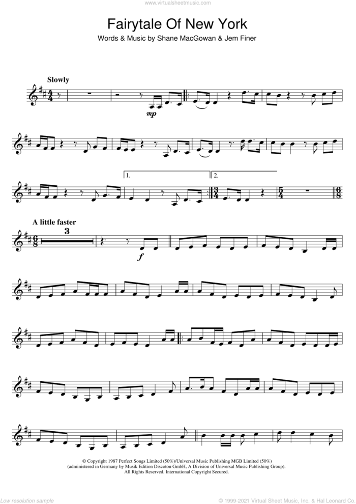 Fairytale Of New York sheet music for clarinet solo by The Pogues, Kirsty MacColl, The Pogues & Kirsty MacColl, Jem Finer and Shane MacGowan, intermediate skill level