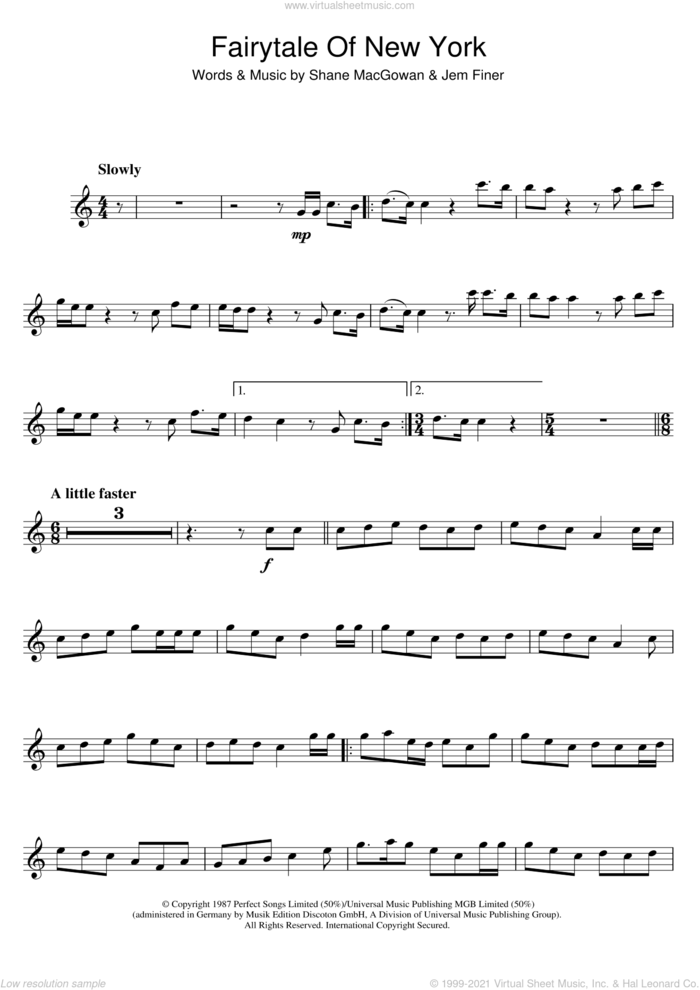 Fairytale Of New York sheet music for flute solo by The Pogues, Kirsty MacColl, The Pogues & Kirsty MacColl, Jem Finer and Shane MacGowan, intermediate skill level