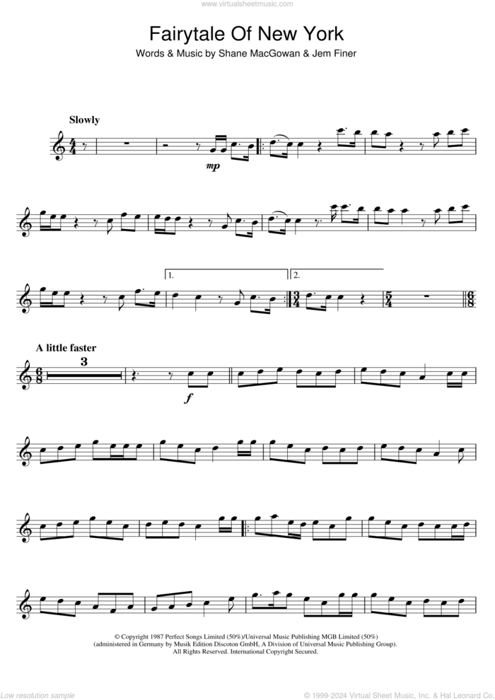 Fairytale Of New York sheet music for flute solo by The Pogues, Kirsty MacColl, The Pogues & Kirsty MacColl, Jem Finer and Shane MacGowan, intermediate skill level