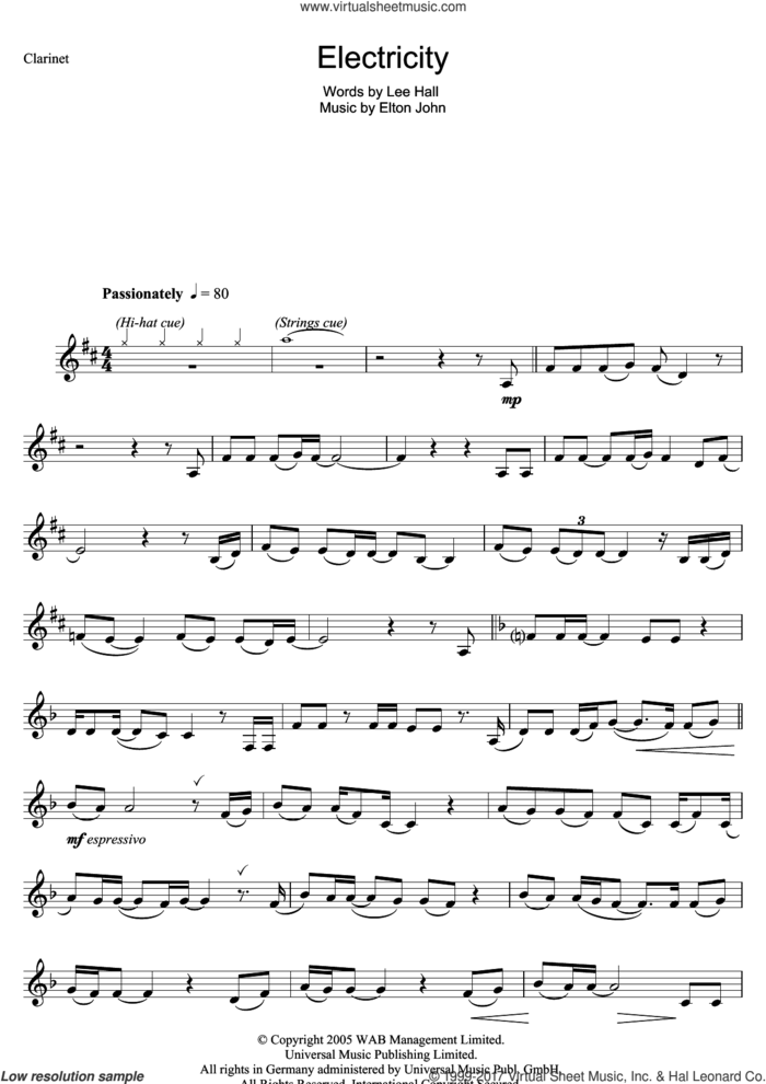 Electricity (from Billy Elliot: The Musical) sheet music for clarinet solo by Elton John and Lee Hall, intermediate skill level