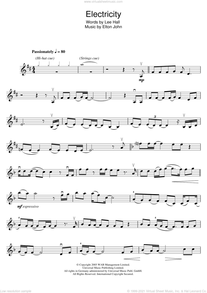 Electricity (from Billy Elliot: The Musical) sheet music for violin solo by Elton John and Lee Hall, intermediate skill level