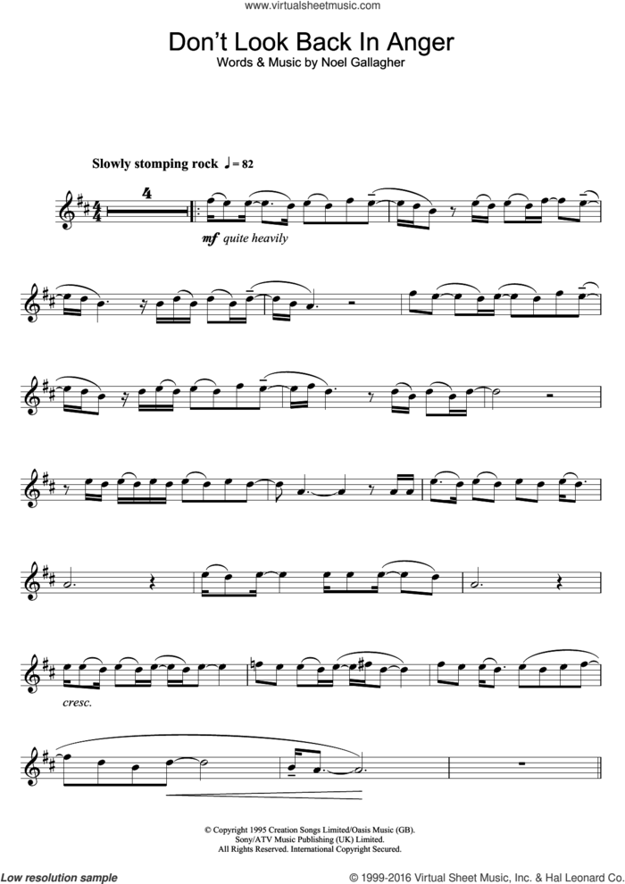 Don't Look Back In Anger sheet music for clarinet solo by Oasis and Noel Gallagher, intermediate skill level