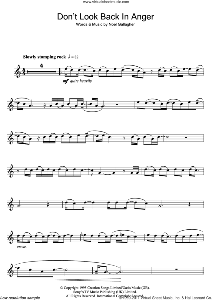 Don't Look Back In Anger sheet music for flute solo by Oasis and Noel Gallagher, intermediate skill level