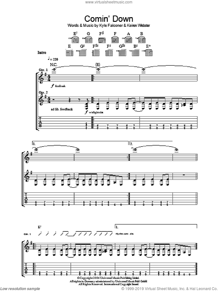Comin' Down sheet music for guitar (tablature) by The View, Keiren Webster and Kyle Falconer, intermediate skill level