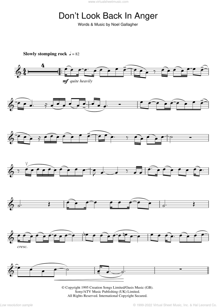 Don't Look Back In Anger sheet music for violin solo by Oasis and Noel Gallagher, intermediate skill level