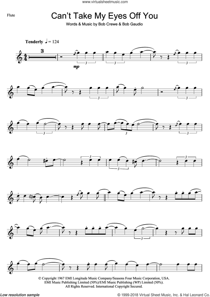 Can't Take My Eyes Off Of You sheet music for flute solo by Andy Williams, Frankie Valli, Frankie Valli & The Four Seasons, The Four Seasons, Bob Crewe and Bob Gaudio, wedding score, intermediate skill level