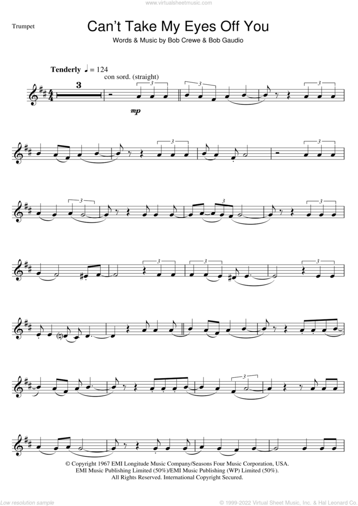 Can't Take My Eyes Off Of You sheet music for trumpet solo by Andy Williams, Frankie Valli, Frankie Valli & The Four Seasons, The Four Seasons, Bob Crewe and Bob Gaudio, wedding score, intermediate skill level
