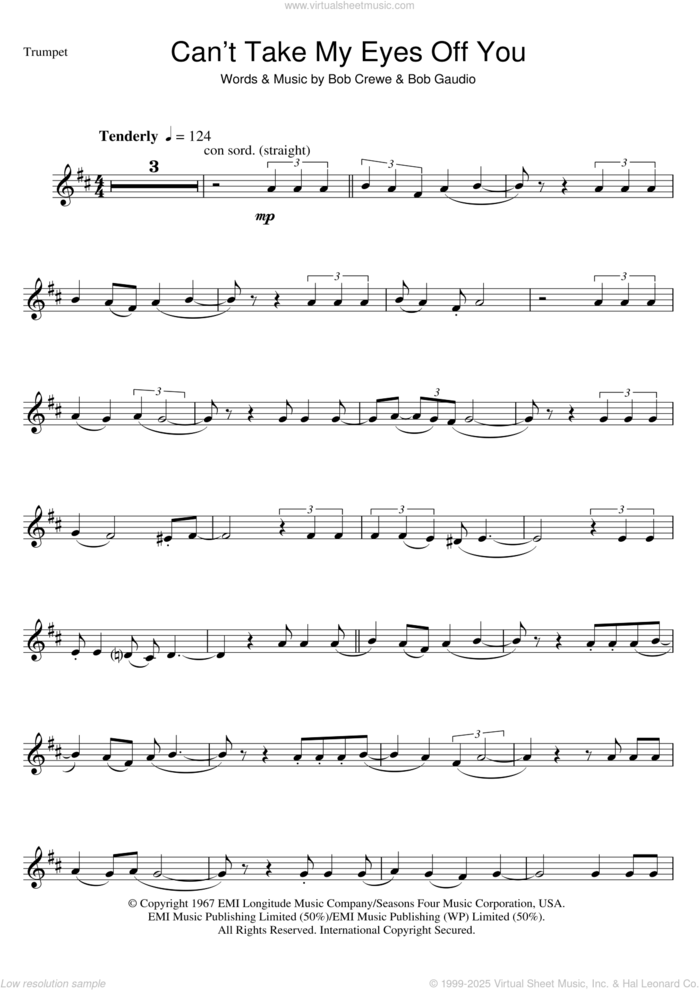 Can't Take My Eyes Off Of You sheet music for trumpet solo by Andy Williams, Frankie Valli, Frankie Valli & The Four Seasons, The Four Seasons, Bob Crewe and Bob Gaudio, wedding score, intermediate skill level