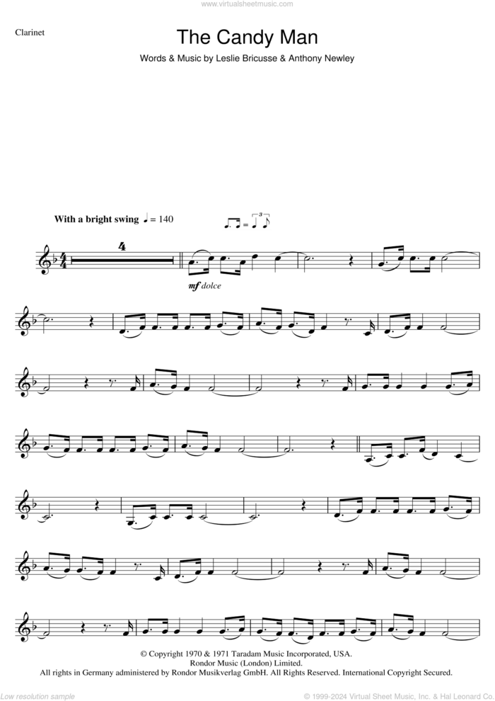 The Candy Man (from Willy Wonka And The Chocolate Factory) sheet music for clarinet solo by Leslie Bricusse and Anthony Newley, intermediate skill level