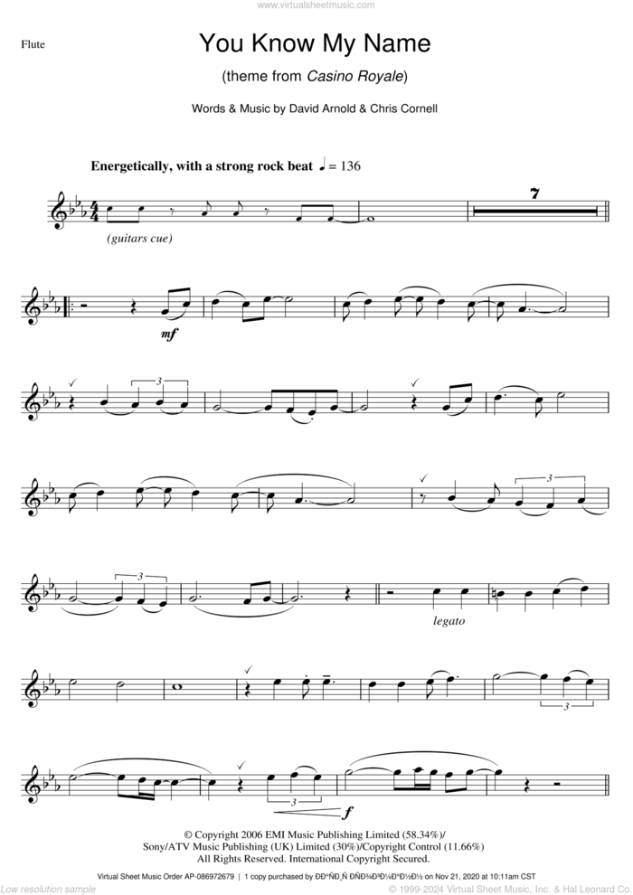 You Know My Name (theme from James Bond: Casino Royale) sheet music for flute solo by Chris Cornell and David Arnold, intermediate skill level