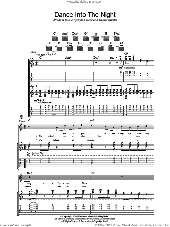 Dance Into The Night sheet music for guitar (tablature) by The View, Keiren Webster and Kyle Falconer, intermediate skill level
