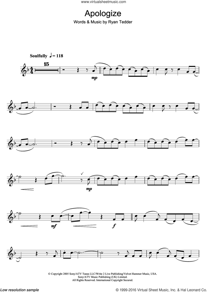 Apologize sheet music for clarinet solo by OneRepublic and Ryan Tedder, intermediate skill level
