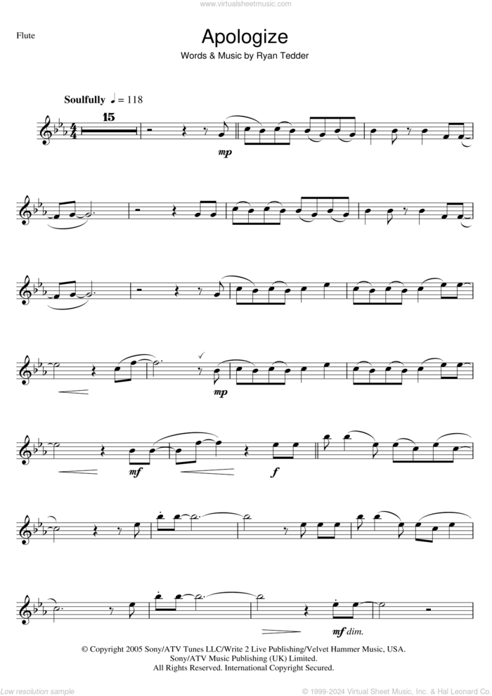 Apologize sheet music for flute solo by OneRepublic and Ryan Tedder, intermediate skill level