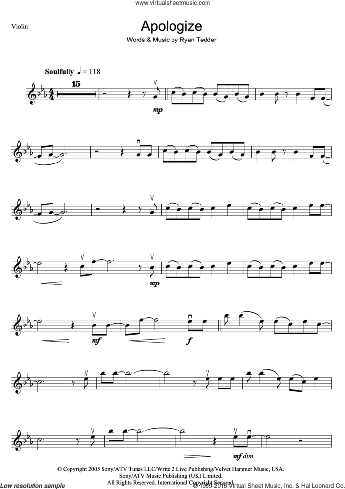 Apologize sheet music for violin solo by OneRepublic and Ryan Tedder, intermediate skill level