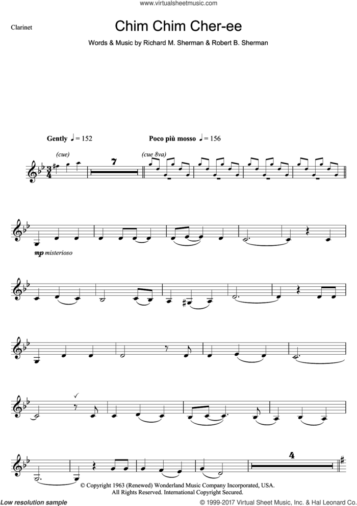Chim Chim Cher-ee (from Mary Poppins) sheet music for clarinet solo by Dick Van Dyke, Richard M. Sherman and Robert B. Sherman, intermediate skill level