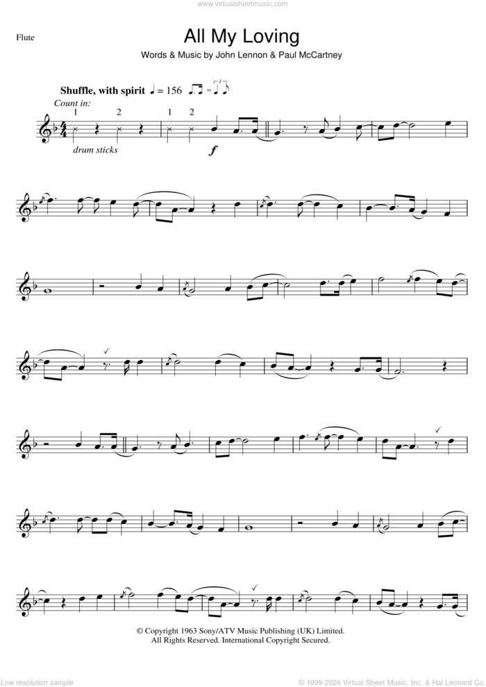 All My Loving sheet music for flute solo by The Beatles, John Lennon and Paul McCartney, intermediate skill level