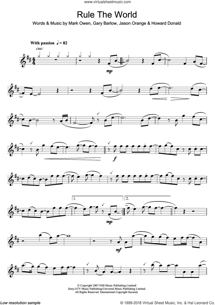 Rule The World (from Stardust) sheet music for flute solo by Take That, Gary Barlow, Howard Donald, Jason Orange and Mark Owen, intermediate skill level