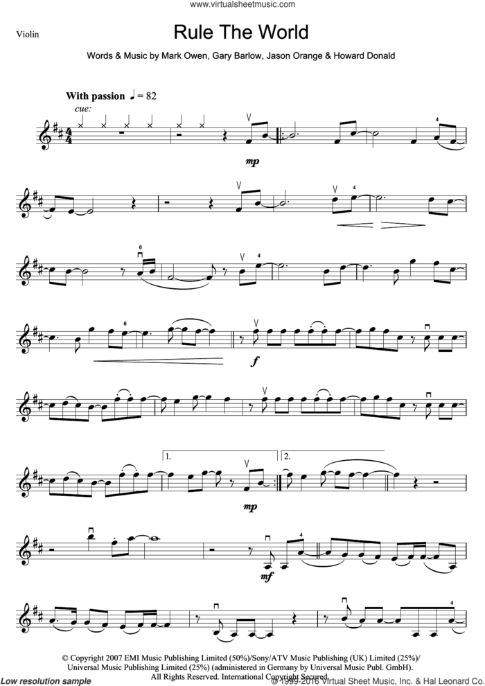Rule The World (from Stardust) sheet music for violin solo by Take That, Gary Barlow, Howard Donald, Jason Orange and Mark Owen, intermediate skill level