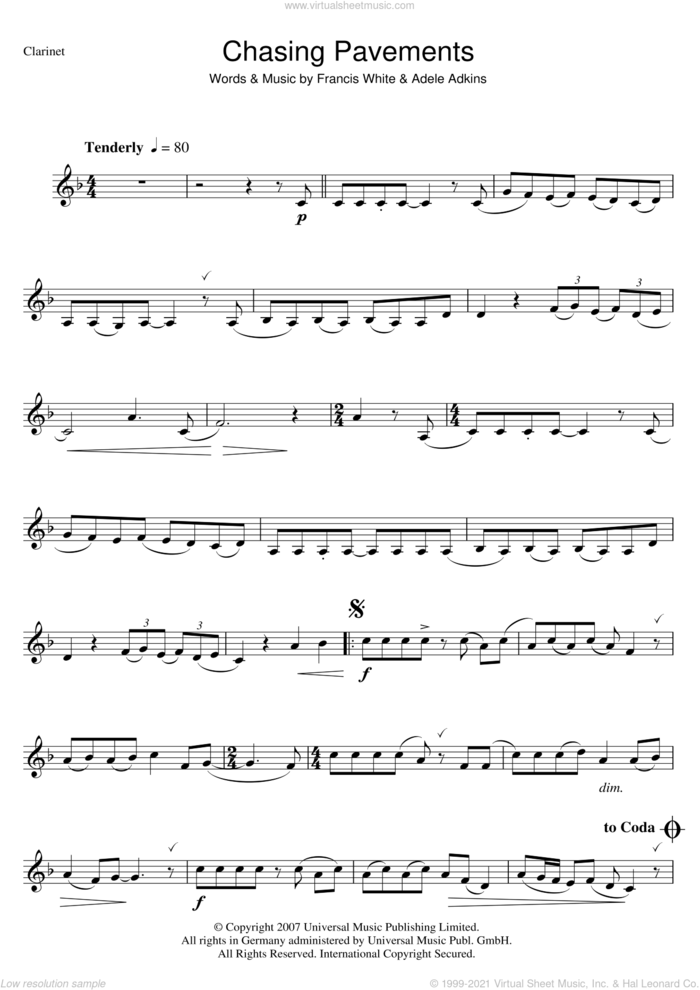 Chasing Pavements sheet music for clarinet solo by Adele and Francis White, intermediate skill level