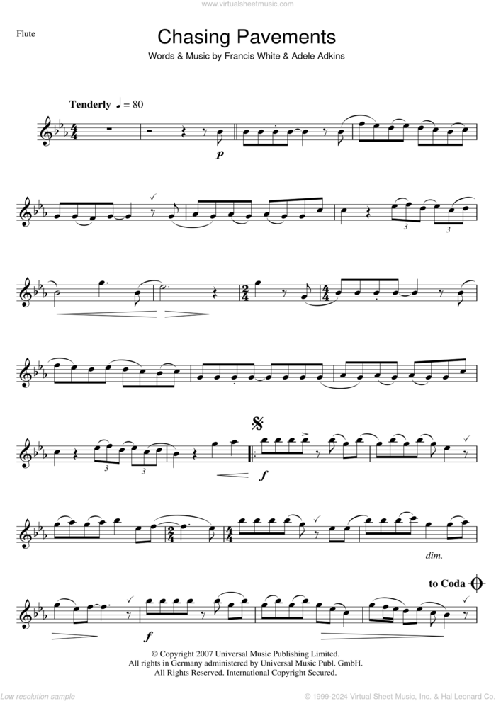 Chasing Pavements sheet music for flute solo by Adele and Francis White, intermediate skill level