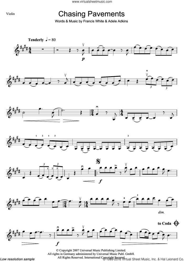 Chasing Pavements sheet music for violin solo by Adele and Francis White, intermediate skill level