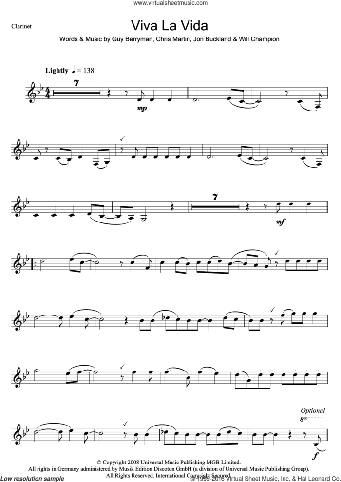 Viva La Vida sheet music for clarinet solo by Coldplay, Chris Martin, Guy Berryman, Jonny Buckland and Will Champion, intermediate skill level