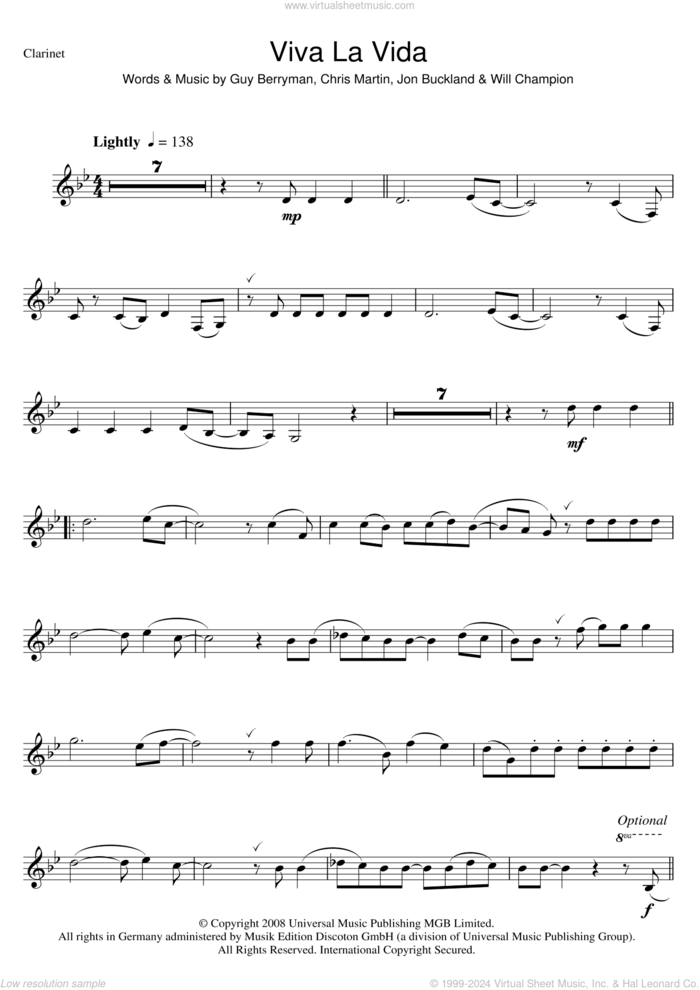 Viva La Vida sheet music for clarinet solo by Coldplay, Chris Martin, Guy Berryman, Jonny Buckland and Will Champion, intermediate skill level