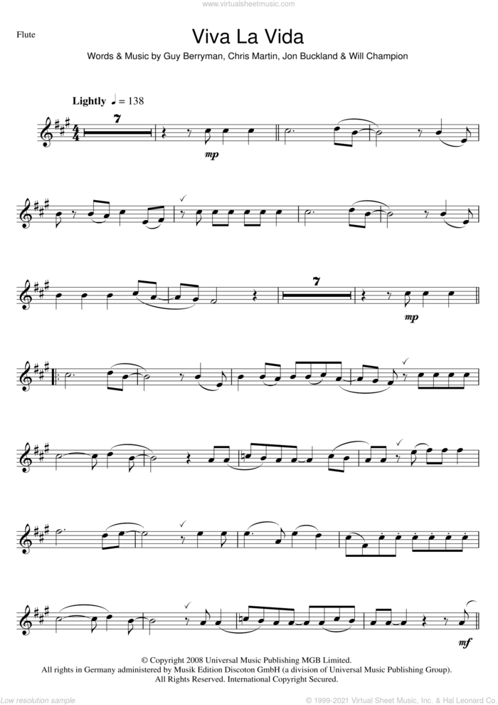 Viva La Vida sheet music for flute solo by Coldplay, Chris Martin, Guy Berryman, Jonny Buckland and Will Champion, intermediate skill level