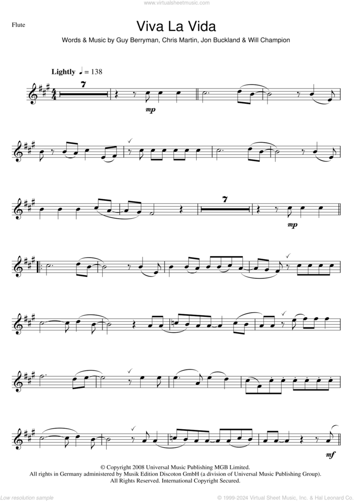 Viva La Vida sheet music for flute solo by Coldplay, Chris Martin, Guy Berryman, Jonny Buckland and Will Champion, intermediate skill level