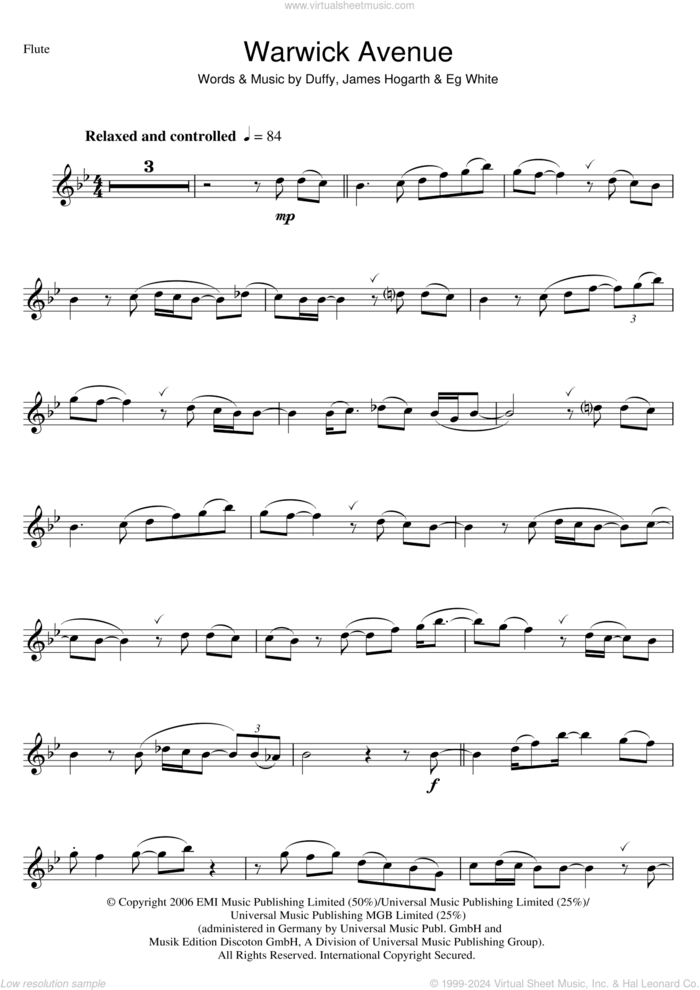 Warwick Avenue sheet music for flute solo by Duffy, Aimee Duffy, Francis White and James Hogarth, intermediate skill level