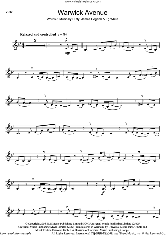 Warwick Avenue sheet music for violin solo by Duffy, Aimee Duffy, Francis White and James Hogarth, intermediate skill level