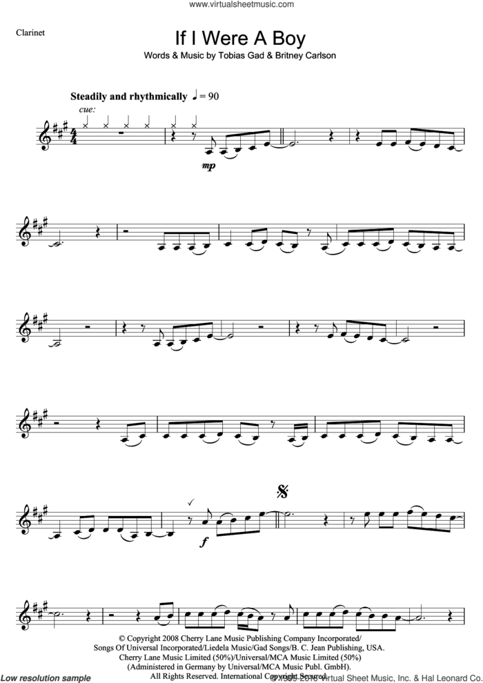 If I Were A Boy sheet music for clarinet solo by Beyonce, Britney Carlson and Toby Gad, intermediate skill level