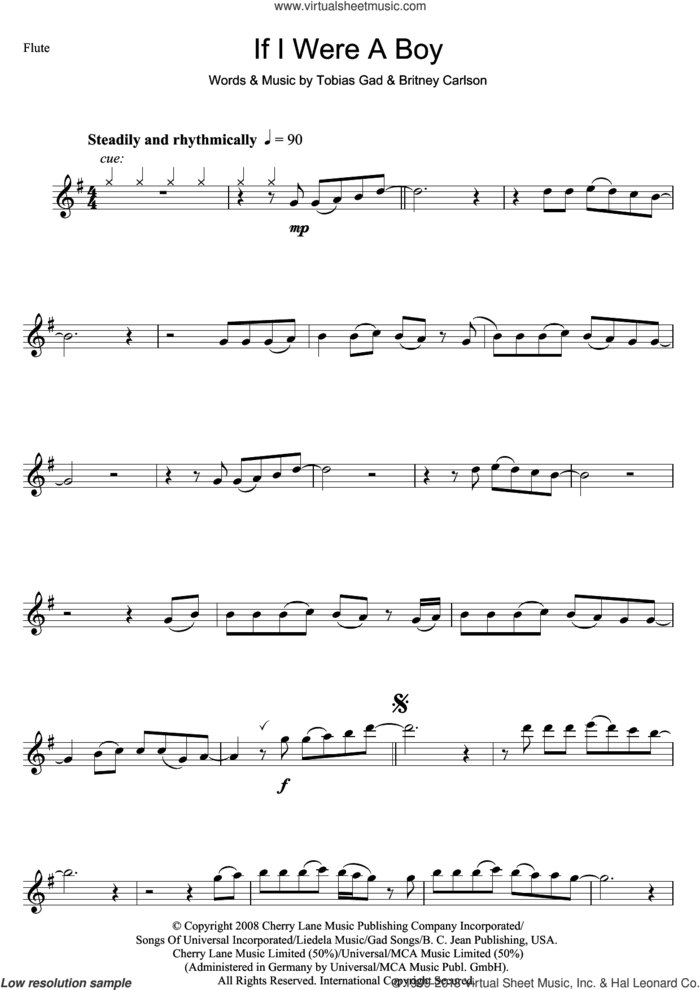 If I Were A Boy sheet music for flute solo by Beyonce, Britney Carlson and Toby Gad, intermediate skill level