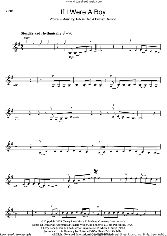 If I Were A Boy sheet music for violin solo by Beyonce, Britney Carlson and Toby Gad, intermediate skill level