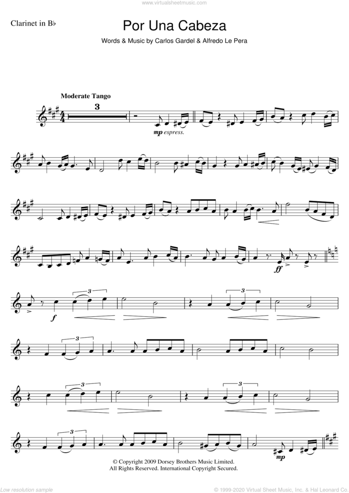 Por Una Cabeza sheet music for clarinet solo by Carlos Gardel and Alfredo Le Pera, intermediate skill level