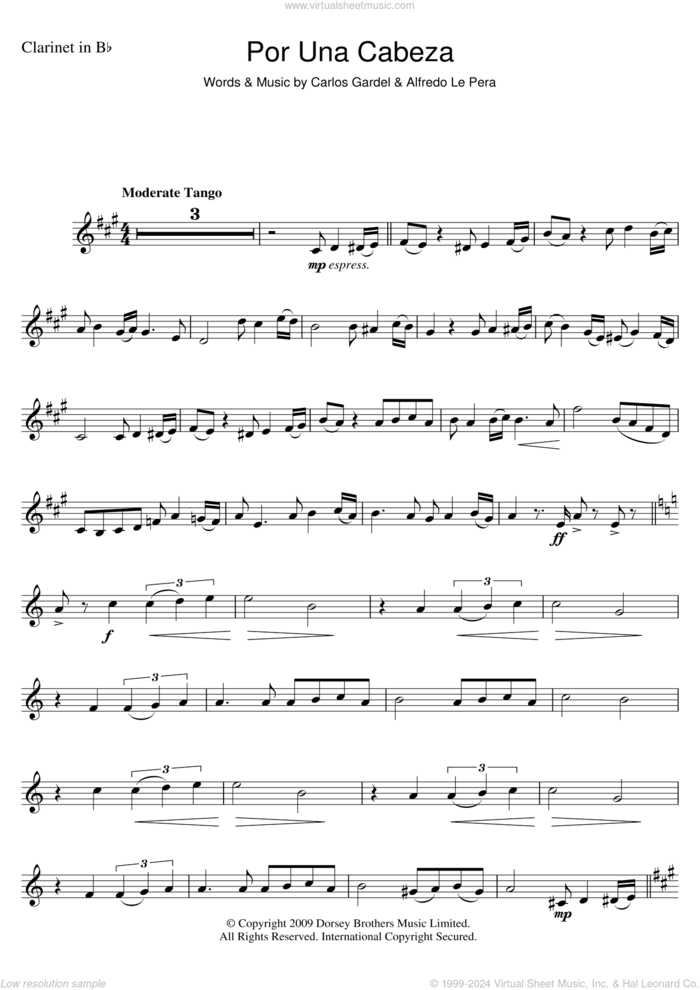 Por Una Cabeza sheet music for clarinet solo by Carlos Gardel and Alfredo Le Pera, intermediate skill level