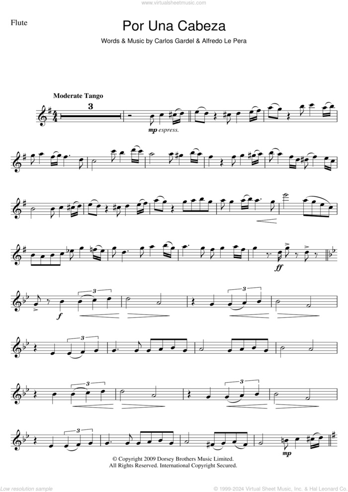 Por Una Cabeza sheet music for flute solo by Carlos Gardel and Alfredo Le Pera, intermediate skill level