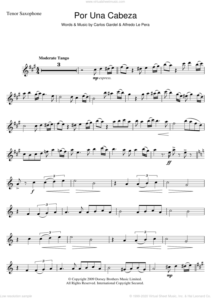 Por Una Cabeza sheet music for tenor saxophone solo by Carlos Gardel and Alfredo Le Pera, intermediate skill level
