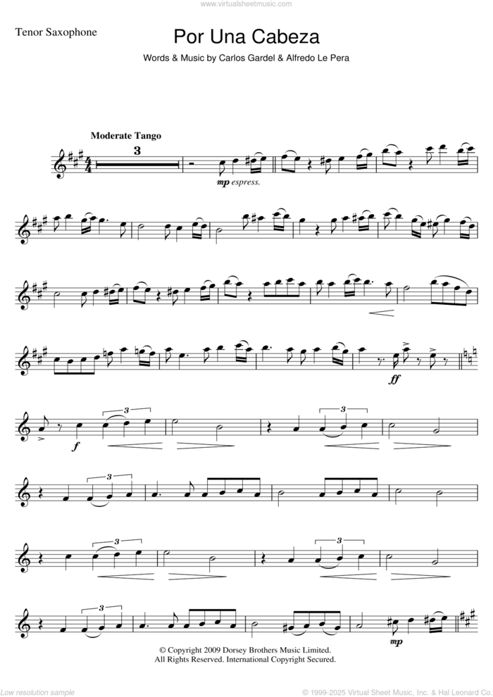 Por Una Cabeza sheet music for tenor saxophone solo by Carlos Gardel and Alfredo Le Pera, intermediate skill level