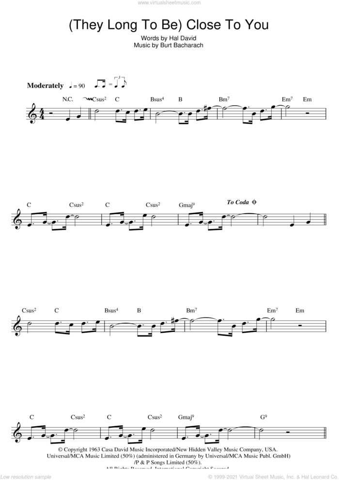 (They Long To Be) Close To You sheet music for flute solo by Carpenters, Burt Bacharach and Hal David, intermediate skill level