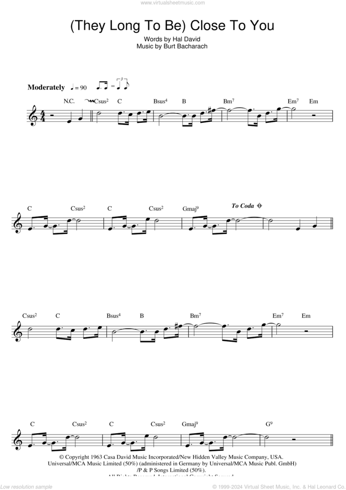 (They Long To Be) Close To You sheet music for flute solo by Carpenters, Burt Bacharach and Hal David, intermediate skill level