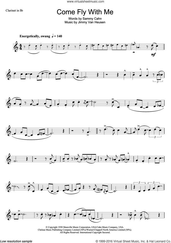 Come Fly With Me sheet music for clarinet solo by Frank Sinatra, Jimmy Van Heusen and Sammy Cahn, intermediate skill level